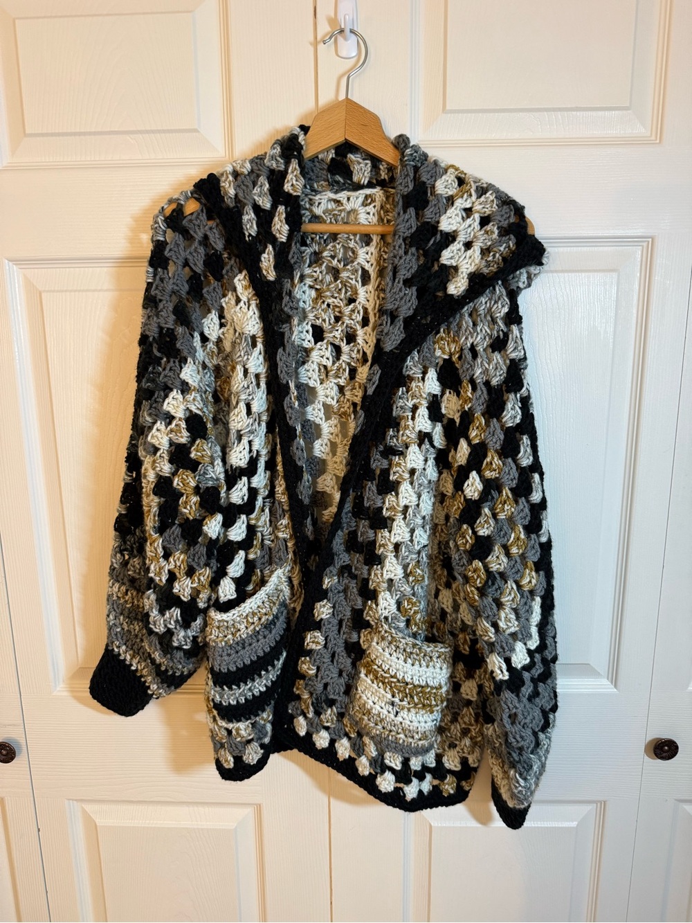 Cozy Hooded Crochet Hexagon Cardigan Sweater - Black, Gray & Cream